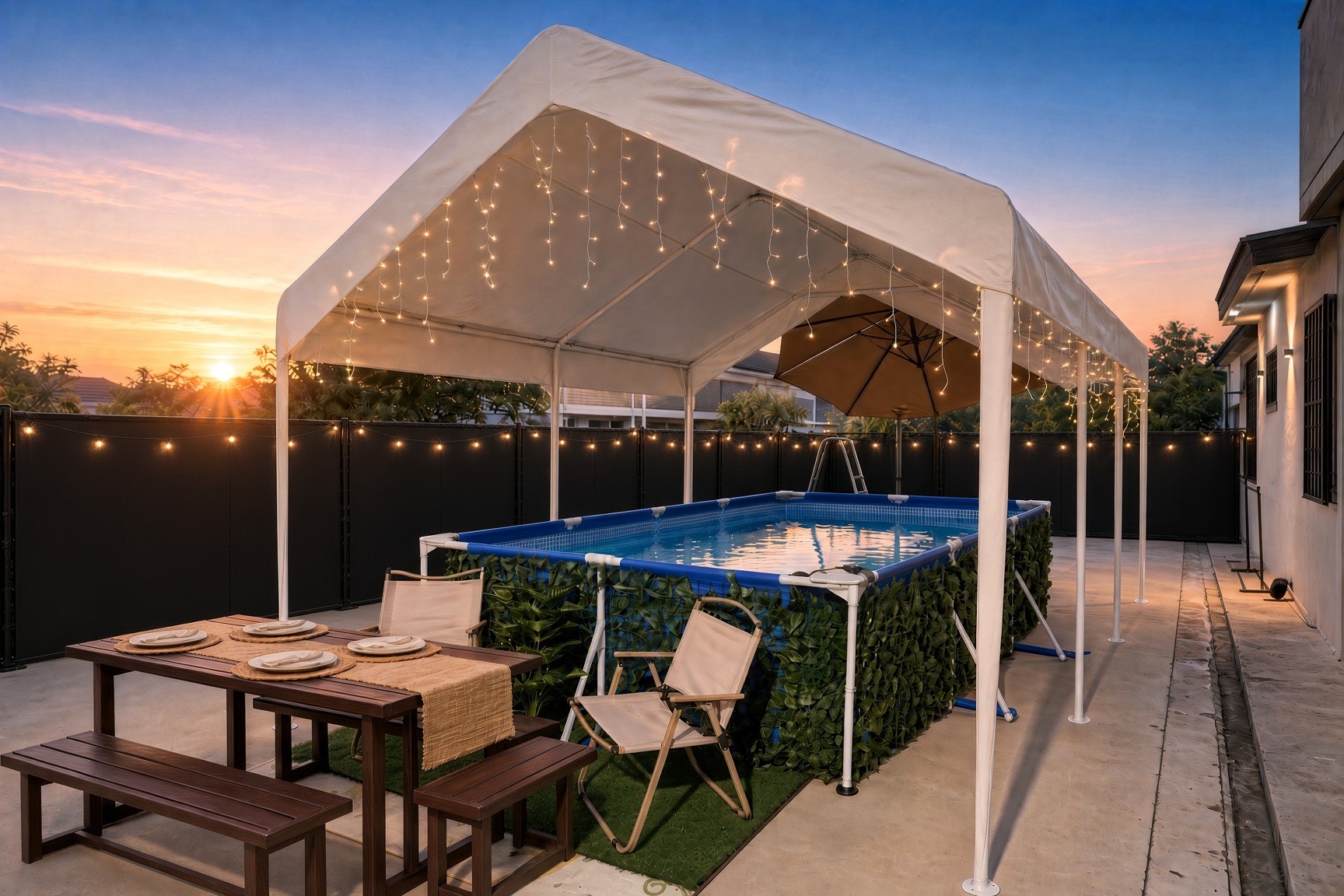 Private pool and BBQ garden with fairy lights at sunset, Aydan Wonderland Homestay Kuantan