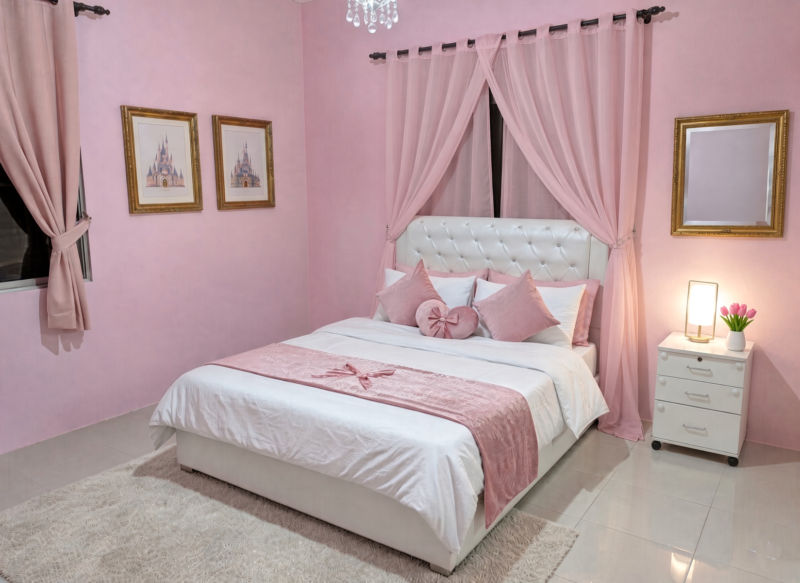 Princess themed bedroom with pink canopy and white tufted bed at Aydan Wonderland Homestay Kuantan